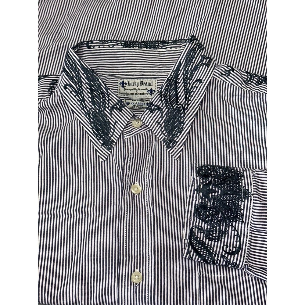 Lucky Brand Button Up Shirt Mens 2XL Blue Embroidered Long Sleeve Casual EUC